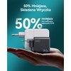 Na zdjęciu widoczna jest czarna ładowarka INIU Leopard Charger 70W z napisem "50% Mniejsza, Składana Wtyczka" oraz "50% mniejsza niż tradycyjna ładowarka 67W", umieszczona na dłoni na tle turkusowego gradientu. Obok ładowarki znajduje się większa, biała ł