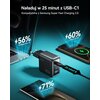 Czarna ładowarka sieciowa z dwoma portami USB, oznaczona jako "70W", jest podłączona do trzech urządzeń elektronicznych, z których każde pokazuje różne poziomy naładowania: 56% dla MacBook Pro 14, 60% dla iPhone 16 PM i 71% dla Samsung S24U. Na górze widn