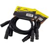 Na zdjęciu widoczne są trzy czarne kable z wtykami XLR, zapakowane w opakowania z żółtymi etykietami. Na etykietach znajduje się tekst: "BlackBird Professional DMX cable" oraz kod kreskowy z oznaczeniem "DMX010E - 1m".