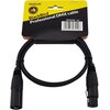 Czarny kabel oświetleniowy z wtykami XLR męskim i żeńskim, o długości 1 metra, jest zaprezentowany na tle opakowania z napisem "BlackBird Professional DMX cable" oraz kodem kreskowym. Na opakowaniu widnieje również oznaczenie "DMX010E".