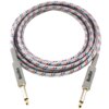 Na zdjęciu znajduje się kabel o długości 3 metrów z wtykami Jack 6.3 mm, opleciony materiałem w kolorze szarym z czerwonymi i niebieskimi akcentami. Na szarych osłonach wtyków widnieje napis "BlackBird".