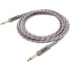 Na zdjęciu znajduje się szary kabel z kolorowym oplotem, zakończony dwoma wtykami Jack 6.3 mm, na których widnieje napis "BlackBird". Kabel jest zwinięty w luźną pętlę.