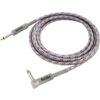 Na zdjęciu znajduje się kabel z wtykami Jack 6.3 mm, z jednym wtykiem kątowym, o długości 3 metrów, opleciony materiałem w szarym kolorze z czerwonymi i niebieskimi akcentami. Na obu końcówkach widnieje napis "BlackBird".