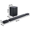 Na zdjęciu znajduje się czarny soundbar z subwooferem i dwoma odłączanymi głośnikami. Widoczne są wymiary: subwoofer 325 mm x 325 mm x 400 mm, soundbar 854 mm x 52 mm x 128 mm.