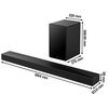 Na zdjęciu znajduje się czarny soundbar oraz bezprzewodowy subwoofer. Obok urządzeń widoczne są wymiary: soundbar ma 1054 mm długości, 68 mm wysokości i 123,5 mm głębokości, a subwoofer 220 mm szerokości, 368,66 mm wysokości i 275 mm głębokości.