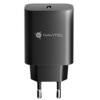 Czarny adapter z logo "NAVITEL" na przedniej części obudowy, z dwoma metalowymi bolcami do podłączenia do gniazdka elektrycznego.