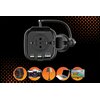 Na zdjęciu znajduje się przetwornica samochodowa z gniazdem AC o napięciu wyjściowym 230V oraz dwoma portami PD 30W i jednym portem USB-A 18W. W dolnej części obrazu widoczne są ikony przedstawiające zegarek, aparat, lampę, laptop i telewizor z logo "Mant