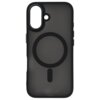 Czarne etui na telefon z wycięciem na aparat i okrągłym wzorem na środku, przeznaczone do modelu Apple iPhone 16. Produkt ma gładką powierzchnię i widoczne przyciski boczne.