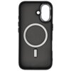 Czarne etui na telefon z przezroczystym tyłem, posiada okrągły wzór na środku oraz wycięcia na aparat i przyciski. Produkt jest przeznaczony do telefonu Apple iPhone 16 i jest kompatybilny z MagSafe.