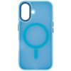 Jasnoniebieskie etui do telefonu z okrągłym wzorem na środku, przeznaczone dla modelu Apple iPhone 16, z wycięciem na aparat i przyciski po bokach. Produkt jest kompatybilny z technologią MagSafe.