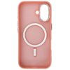 Różowe etui na telefon z okrągłym wzorem MagSafe i wycięciem na aparat oraz przyciski. Etui ma gładką powierzchnię i jest przeznaczone do modelu Apple iPhone 16.