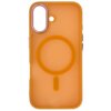 Pomarańczowe etui do telefonu z wycięciami na aparat i przyciski oraz widocznym okrągłym wzorem na środku. Etui ma gładką powierzchnię i jest przeznaczone do modelu iPhone.