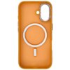 Pomarańczowe etui do telefonu z okrągłym wzorem i prostokątnym elementem na środku, posiada wycięcia na aparat i przyciski. Wewnątrz widoczny jest metalowy pierścień, który sugeruje kompatybilność z technologią MagSafe.