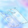 Przezroczyste etui na telefon z widocznym białym okręgiem i linią, przeznaczone do modelu Apple iPhone 16 Pro, znajduje się na tle w odcieniach niebieskiego i fioletowego. Produkt ma wzmocnione narożniki i jest kompatybilny z MagSafe.