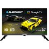 Telewizor wyświetla obraz z dwoma samochodami wyścigowymi na torze, z logo "BLAUPUNKT" i "Google TV" na górze ekranu. Na ekranie widnieją napisy: "IRON LYNX MOTORSPORT LAB", "HD | LED", "WGC5500 Series 24"".