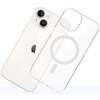 Przezroczyste etui na telefon z widocznymi wycięciami na aparat i logo w kształcie nadgryzionego jabłka. Etui jest zaprojektowane do modelu Apple iPhone 13/14 i posiada okrągły wzór na środku.