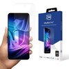 Na obrazie znajduje się opakowanie produktu z napisem "3mk SilkyMatt Pro™" oraz hasłem "Silky touch, ensures full protection". Obok opakowania widoczny jest telefon z nałożoną folią ochronną, prezentujący kolorowy, abstrakcyjny wzór na ekranie.