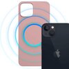 Różowe etui na telefon z wycięciem na aparat, obok którego znajduje się czarny telefon z widocznym logo w kształcie nadgryzionego jabłka. Na etui widoczny jest niebieski okrąg, a wokół niego rozchodzą się koncentryczne fale.