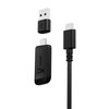 Na zdjęciu znajdują się trzy elementy: adapter USB z symbolem USB, adapter z logo "HX" oraz kabel z końcówką USB-C. Wszystkie elementy są w kolorze czarnym.