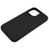 Czarne etui na telefon z wycięciem na aparat i przyciskami bocznymi. Produkt ma gładką powierzchnię i jest przeznaczony do modelu telefonu z funkcją MagSafe.