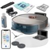 Na zdjęciu znajduje się robot sprzątający z akcesoriami, takimi jak ładowarka, szczotki, płyn czyszczący, filtry, instrukcja oraz aplikacja na smartfonie. Na robocie widoczne jest logo "Philips".