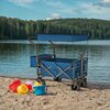 Na zdjęciu znajduje się niebieski wózek turystyczny z daszkiem ochronnym, stojący na piaszczystej plaży nad jeziorem. Obok wózka leżą kolorowe wiaderka i piłka plażowa, a na wózku widoczne jest logo "NILS".