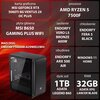Na zdjęciu znajduje się komputer z przezroczystą obudową, a obok niego widoczne są specyfikacje techniczne: karta graficzna MSI GeForce RTX 5060Ti 8G Ventus 2X OC Plus, procesor AMD Ryzen 5 7500F, płyta główna MSI B650 Gaming Plus WiFi, zasilanie Endorfy 