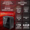 Na zdjęciu znajduje się komputer z przezroczystym panelem bocznym, a obok niego widoczne są specyfikacje techniczne: karta graficzna MSI GeForce RTX 5060Ti 8G Ventus 2X OC Plus, procesor AMD Ryzen 5 7500F, płyta główna MSI B650 Gaming Plus WiFi, zasilanie