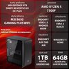 Na zdjęciu znajduje się komputer z przezroczystym panelem bocznym, a obok niego widoczne są specyfikacje techniczne: karta graficzna MSI GeForce RTX 5060Ti 8G Ventus 2X OC Plus, procesor AMD Ryzen 5 7500F, płyta główna MSI B650 Gaming Plus WiFi, zasilanie