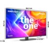 Na zdjęciu widoczny jest telewizor z kolorowym ekranem, na którym znajduje się tekst: "AMBILIGHT tv the one QLED". Wymiary telewizora to 96.2 cm szerokości, 62.9 cm wysokości, 56.7 cm wysokości ekranu oraz 21.6 cm głębokości podstawy; w prawym górnym rogu ekranu widnieje napis "PHILIPS".