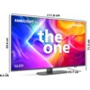 Telewizor z kolorowym ekranem wyświetlającym napisy "AMBILIGHT tv", "the one", "QLED" oraz "PHILIPS", z widocznymi wymiarami: 111,6 cm szerokości, 71,5 cm wysokości, 65,6 cm wysokości ekranu i 25,7 cm głębokości podstawy. Ekran prezentuje abstrakcyjne, kolorowe wzory w odcieniach niebieskiego, fioletowego, różowego, pomarańczowego i żółtego.