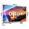 Telewizor z napisem "OLED+" na ekranie, otoczony kolorowymi efektami świetlnymi, z widocznymi wymiarami: 144,4 cm szerokości, 88,8 cm wysokości, 5,6 cm grubości i 29 cm głębokości podstawy. W lewym górnym rogu widnieje napis "AMBILIGHT tv", a w prawym gór