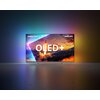 Telewizor wyświetla obraz startującej rakiety na tle kolorowego nieba, z widocznym napisem "OLED+" na ekranie. Na górze ekranu znajdują się napisy "AMBILIGHT tv" i "PHILIPS".