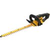 Na zdjęciu widoczne są akumulatorowe nożyce do żywopłotu z długim ostrzem i ergonomicznym uchwytem. Na obudowie znajduje się logo "DEWALT".