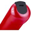 Czerwony masażer antycellulitowy z zaokrąglonymi krawędziami, widoczny z bliska. Na górze urządzenia znajduje się czarny panel z portem USB-C.