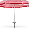 Czerwono-biały parasol w paski z metalowym stelażem i szarą podstawą wkręcaną w ziemię. Produkt to "Podstawa do parasola REDCLIFFS 1071596 Szary".