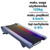 Bieżnia elektryczna z kolorowym podświetleniem na pasie bieżnym, obok której widnieje tekst: "maks. waga użytkownika 120kg, maks. prędkość 6 km/h, kąt nachylenia 0-9%".