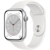 Srebrny smartwatch z aluminiową kopertą i białym sportowym paskiem, wyświetlający tarczę zegarka z białymi wskazówkami i czerwonym sekundnikiem na szarym tle. Na tarczy widoczne są cyfry oraz wskaźniki temperatury i promieniowania UV.