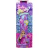 Opakowanie produktu "Barbie Party Unboxed" z kolorowym, brokatowym tłem i grafiką przedstawiającą lalkę z długimi, fioletowymi włosami, trzymającą małego psa. Na opakowaniu widnieją napisy: "10 Surprises!", "Color Change", "14g (0.5 oz)", "ATTENTION: CHOK