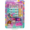 Opakowanie zawiera zestaw "Lalka POLLY POCKET Koci Domek Gabi Zestaw kompaktowy JFV02" z miniaturowym domkiem w kształcie kota oraz kilkoma akcesoriami i figurkami. Na opakowaniu widoczne są napisy: "Polly Pocket", "Gabby's Dollhouse", "Netflix" oraz logo