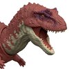 Na zdjęciu znajduje się szczegółowa figurka dinozaura o czerwono-beżowym ubarwieniu, z otwartą paszczą ukazującą zęby i wyrazistymi żółtymi oczami. Skóra figurki ma teksturę przypominającą łuski, a na głowie widoczne są ciemniejsze wzory.
