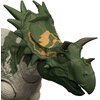 Zbliżenie na figurkę dinozaura z serii Jurassic World, przedstawiającą Spiclypeusa. Figurka ma zielono-brązowe ubarwienie z wyraźnymi detalami na skórze i charakterystycznymi rogami na głowie.