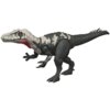Na zdjęciu znajduje się figurka dinozaura o szaro-białym ubarwieniu z czerwonym akcentem na szyi, przedstawiająca szczegółowo odwzorowanego drapieżnika z serii Jurassic World. Figurka ma wyraźnie zaznaczone detale, takie jak łuski, pazury i zęby.