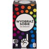 Pudełko gry towarzyskiej z napisem "WYOBRAŹ SOBIE GRA IMPREZOWA" na tle kolorowych kropek. Na dole widoczne są logo "MATTEL Games" oraz ikona dłoni z uniesionym palcem wskazującym.
