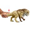 Na zdjęciu znajduje się figurka dinozaura o nazwie "Figurka JURASSIC WORLD Distortus Rex groźne natarcie przeciwnik JGB58", trzymana za ogon przez rękę, z czerwoną strzałką wskazującą na ruch ogona. Figurka ma brązowo-beżowe ubarwienie i szczegółowo odwzo