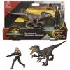 Opakowanie zawiera dwie figurki: postać kobiety oraz welociraptora, z logo "Jurassic World" i napisem "Zora Bennett & Velociraptor" na froncie. W prawym dolnym rogu znajduje się logo producenta Mattel.