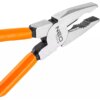 Na zdjęciu widoczne są metalowe szczypce z pomarańczowymi uchwytami, na których znajduje się napis "NEO TOOLS". Szczypce mają ząbkowane końcówki do chwytania.