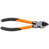 Na zdjęciu widoczne są szczypce z czarno-pomarańczowymi uchwytami oraz metalowymi ostrzami. Produkt ma ergonomiczny kształt, a jego powierzchnia jest gładka i błyszcząca.