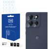 Opakowanie produktu "3mk hybrid glass Lens Protection" jest niebieskie z białymi napisami, zawiera grafikę telefonu z zaznaczonymi obiektywami. Obok znajduje się telefon z czterema obiektywami, na których umieszczono przezroczyste osłony, a poniżej widocz