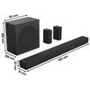 Na zdjęciu znajduje się czarny soundbar z wyświetlaczem pokazującym "VOL 23", dwa mniejsze głośniki oraz subwoofer. Wymiary subwoofera to 306 mm x 306 mm x 161 mm, a soundbara 902 mm x 91 mm x 62 mm.